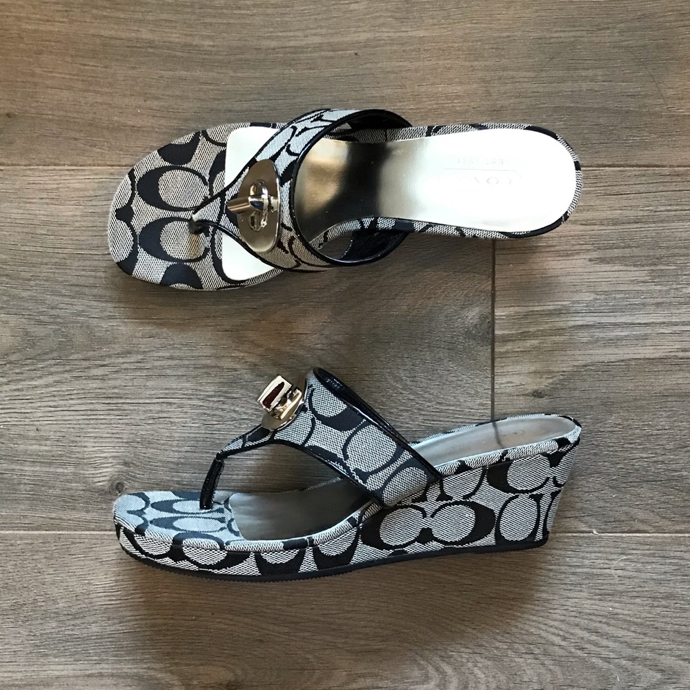 Vintage Coach CC Monogram Black Gray Wedge Sandals Size 6